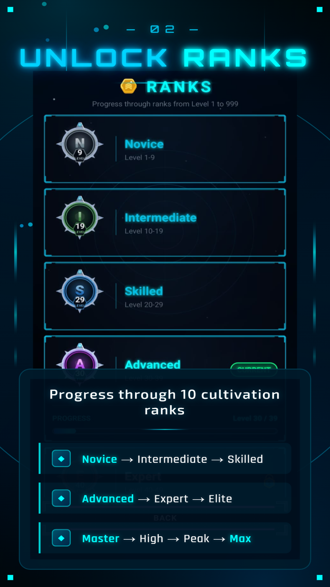 Rank progression from Novice through Max rank