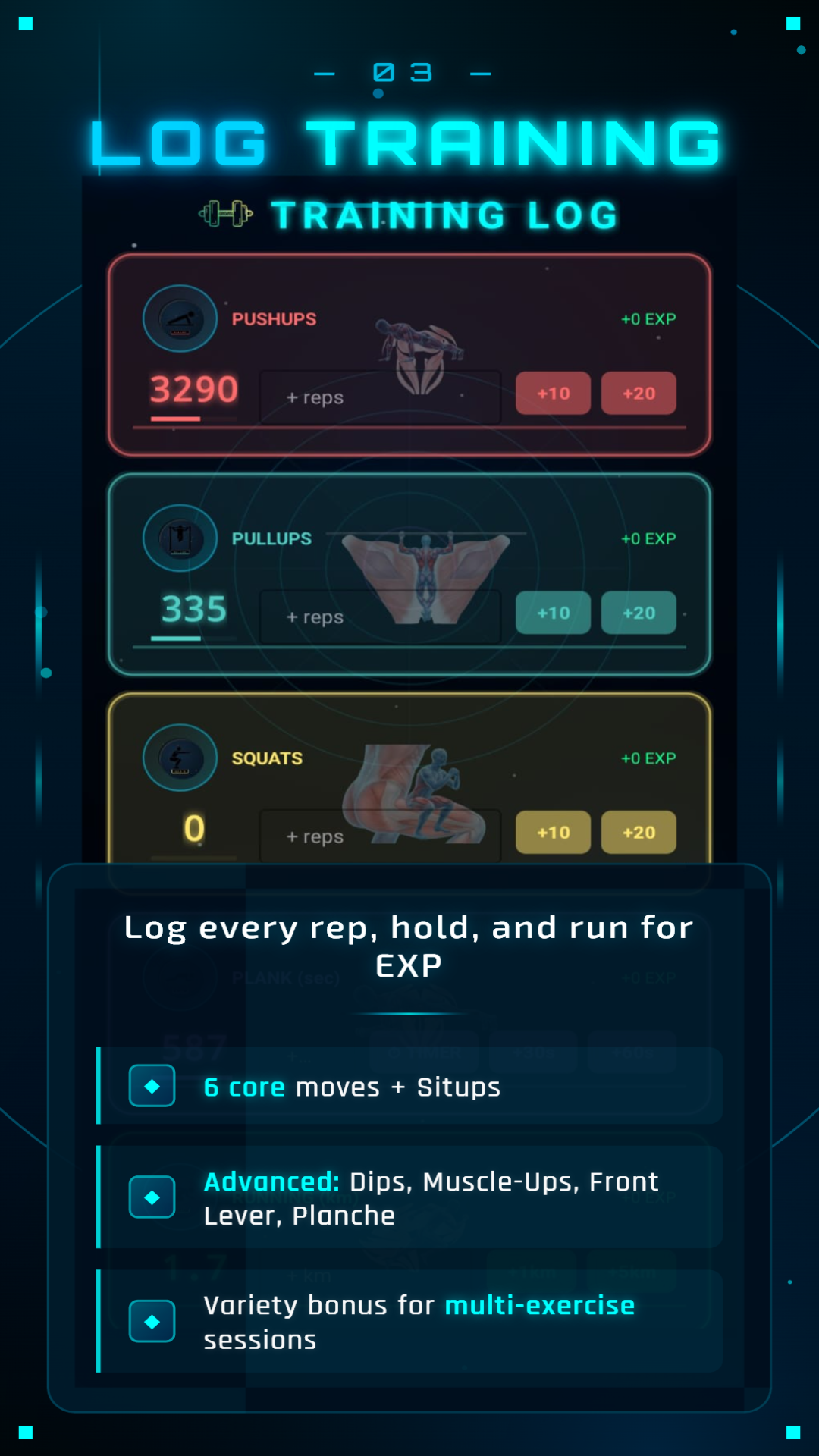 Log Training screen with pushups, pullups, and squats quick-add