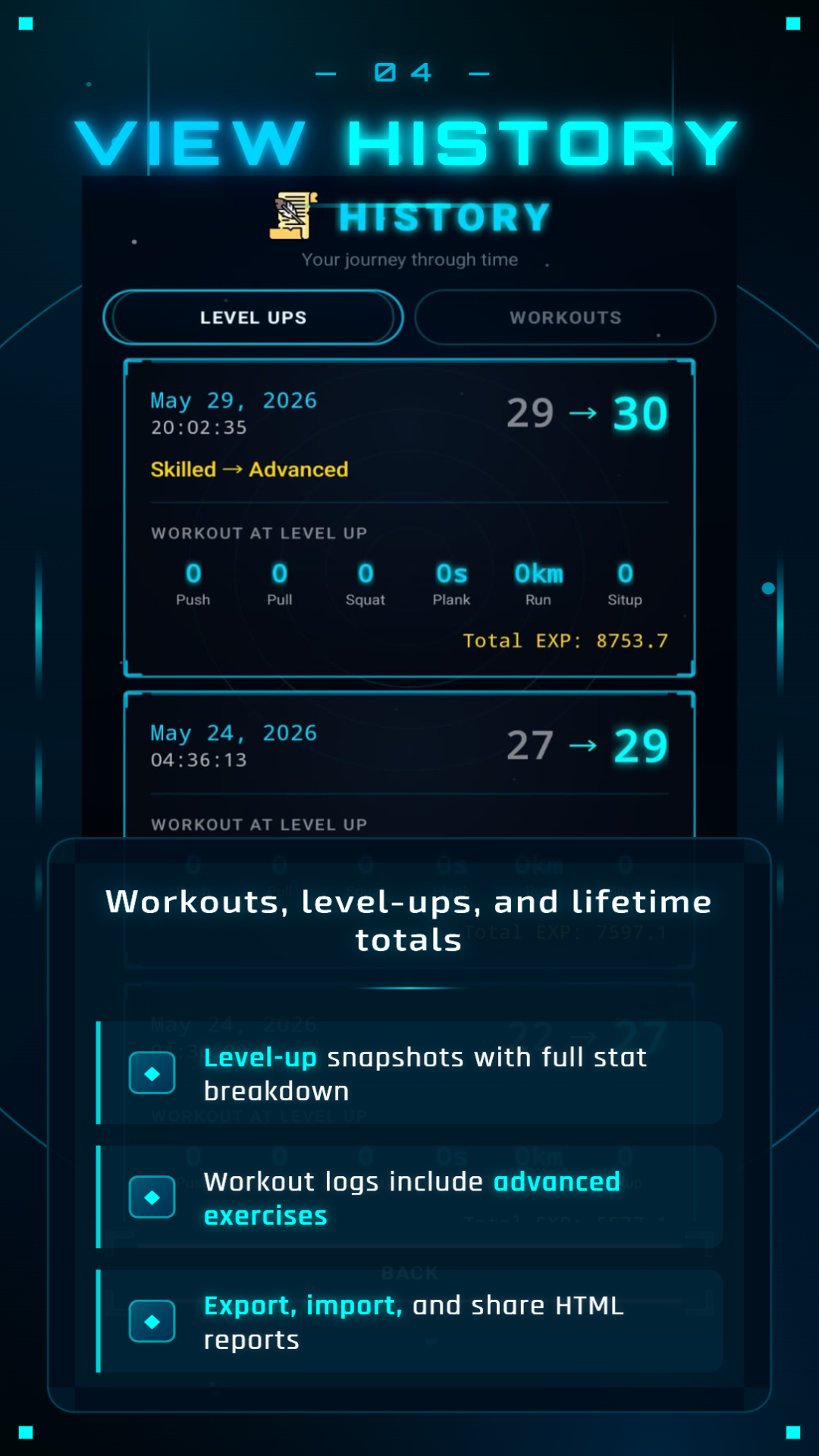 History screen with level-up snapshots and workout logs