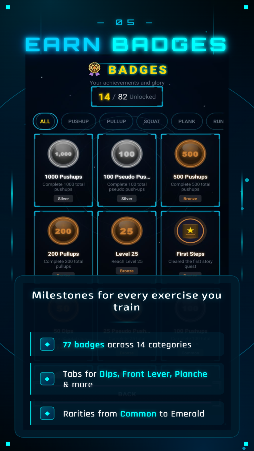 Badges collection with rarity tiers and category filters