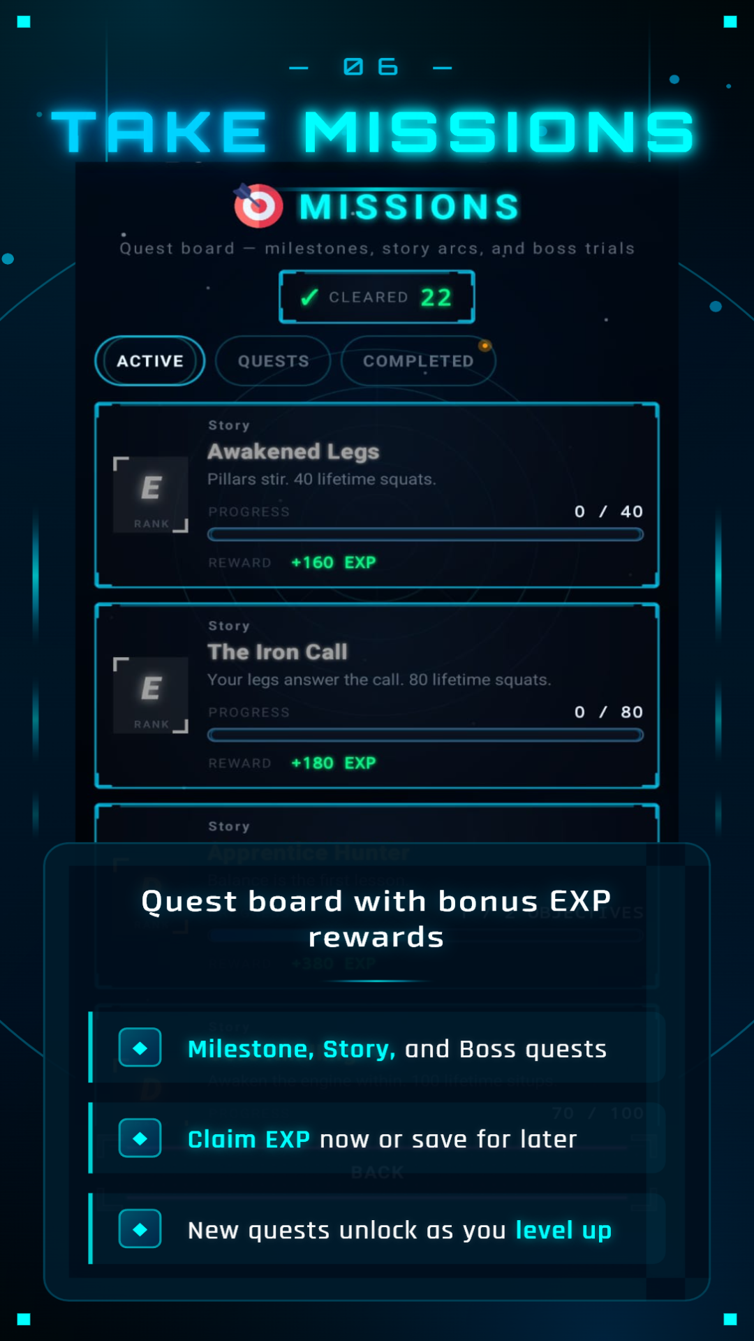 Missions quest board with story quests and EXP rewards