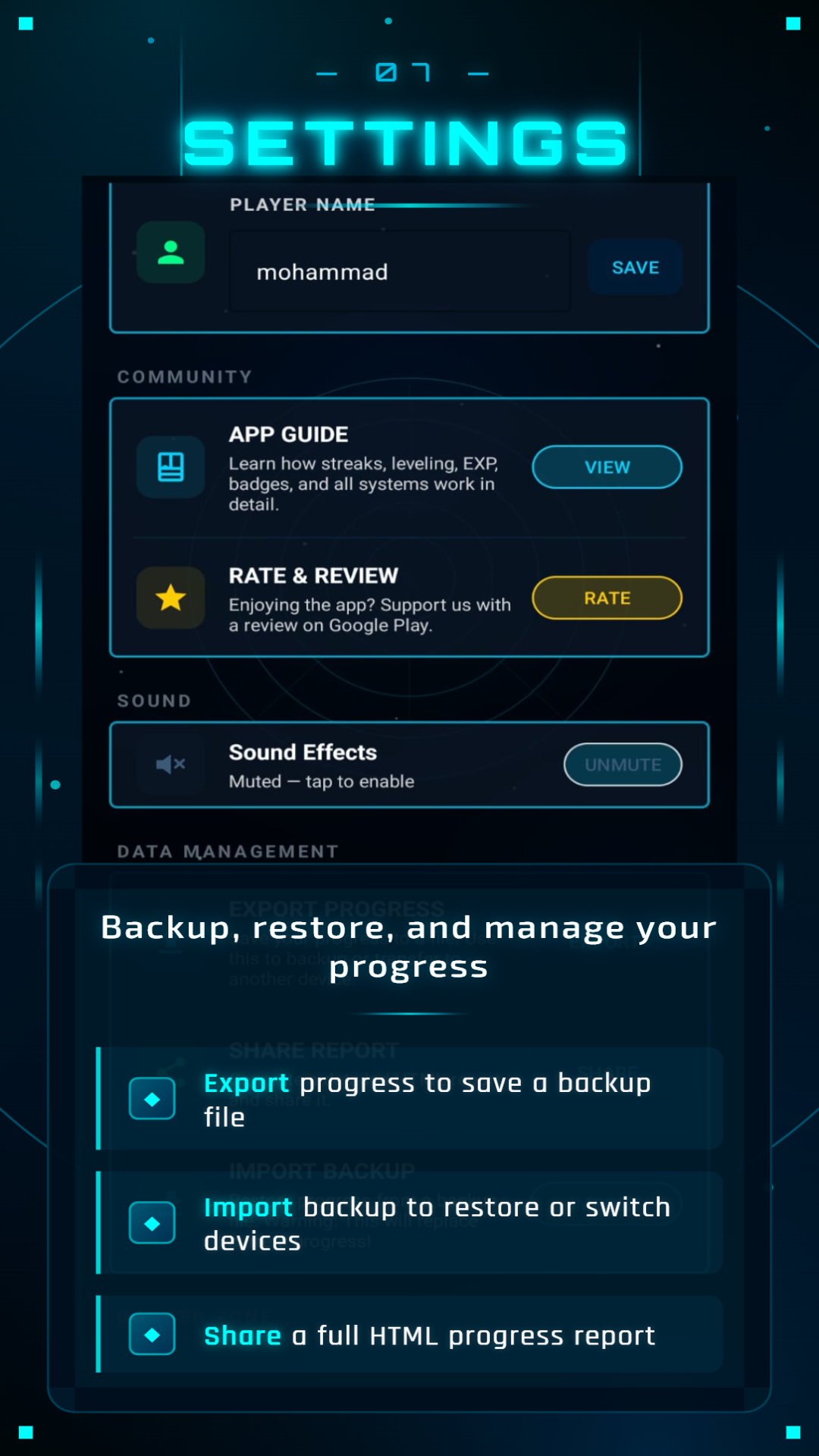 Settings with backup export import and share progress